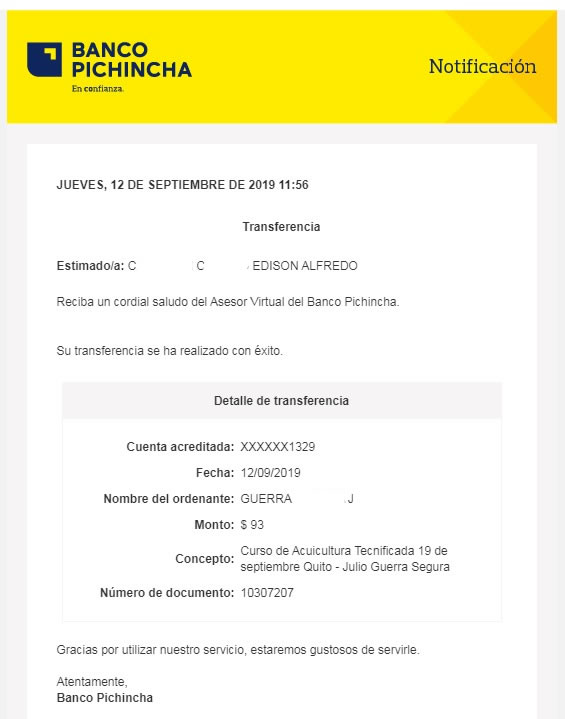 recibo de pago por curso acuicultura Tilapiacenter