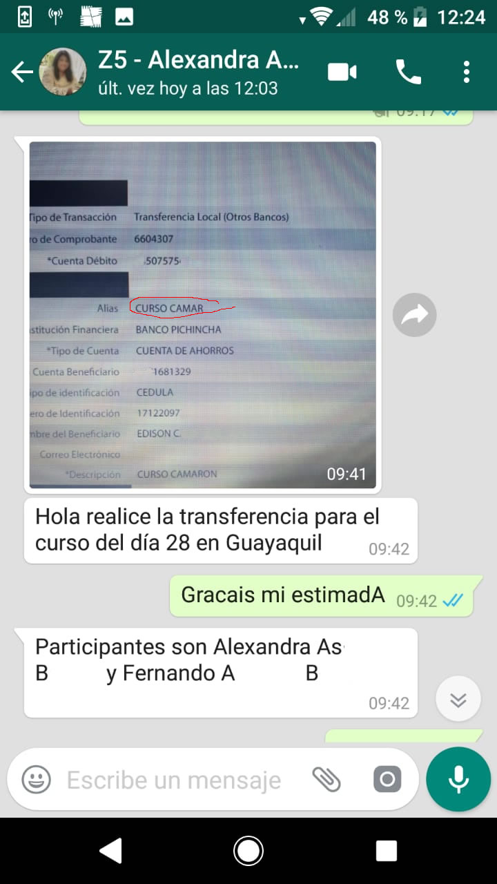 Recibo de pago por curso de camarón Guayaquil Tilapiacenter